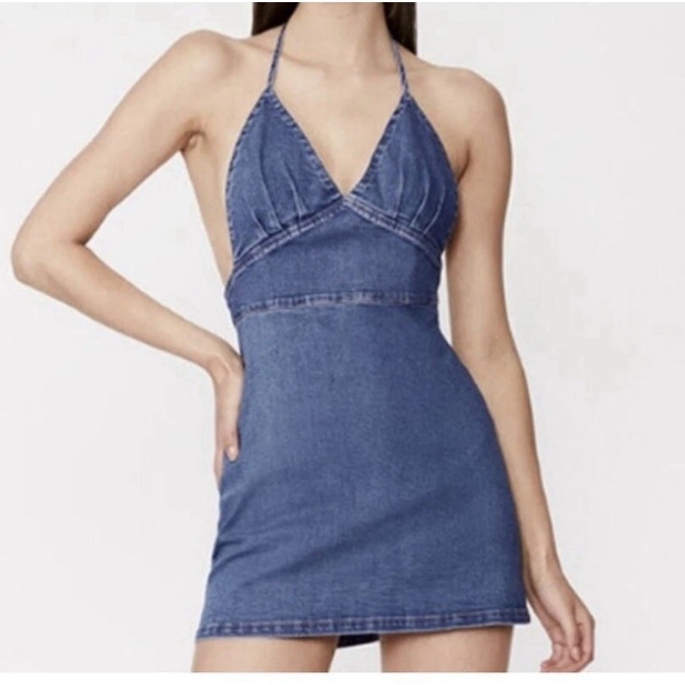 BARDOT Women's Sofia Denim Mini Dress S Vintage Blue Halter Backless